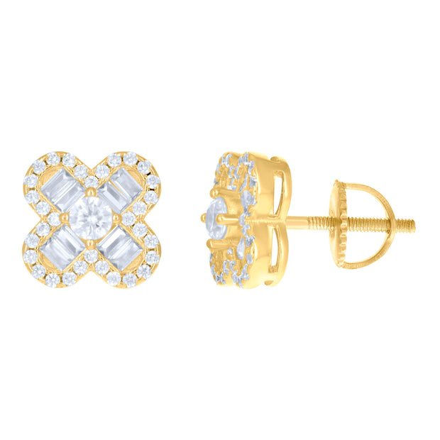 925 Sterling Silver Yellow-tone Womens Baguette Round Cubic-Zirconia Fashion Stud Earrings 