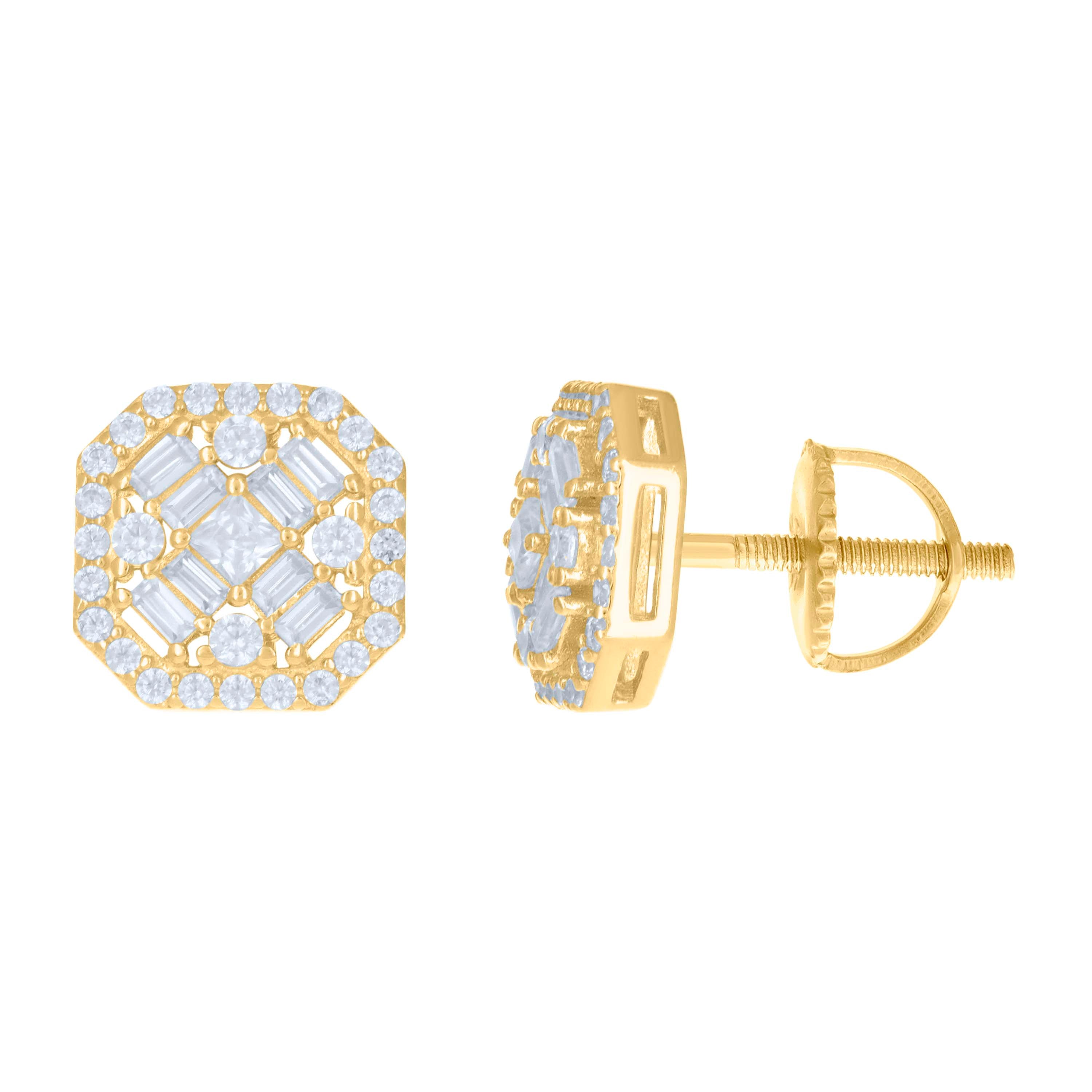 925 Sterling Silver Yellow-tone Womens Baguette Round Cubic-Zirconia Fashion Stud Earrings 