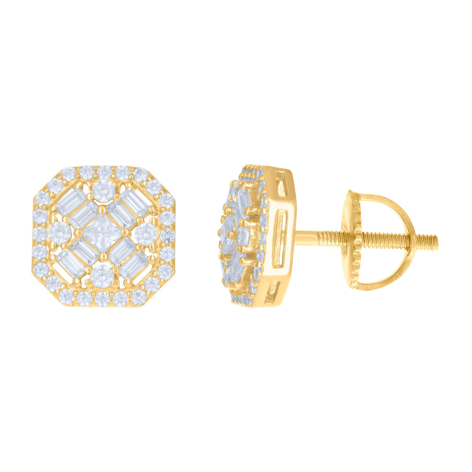 925 Sterling Silver Yellow-tone Womens Baguette Round Cubic-Zirconia Fashion Stud Earrings 