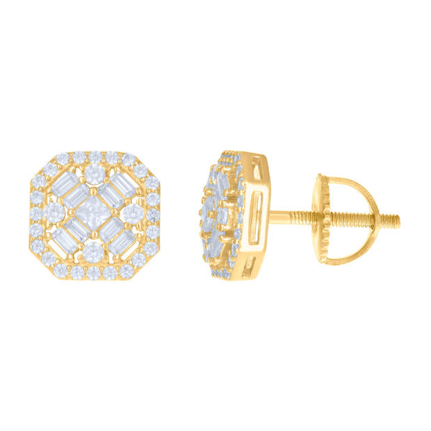 925 Sterling Silver Yellow-tone Womens Baguette Round Cubic-Zirconia Fashion Stud Earrings 