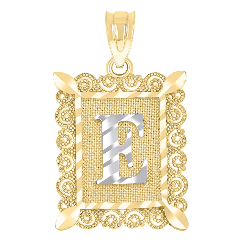 10kt Two-Tone Gold Unisex Diamond-Cut Initial E Charm Pendant