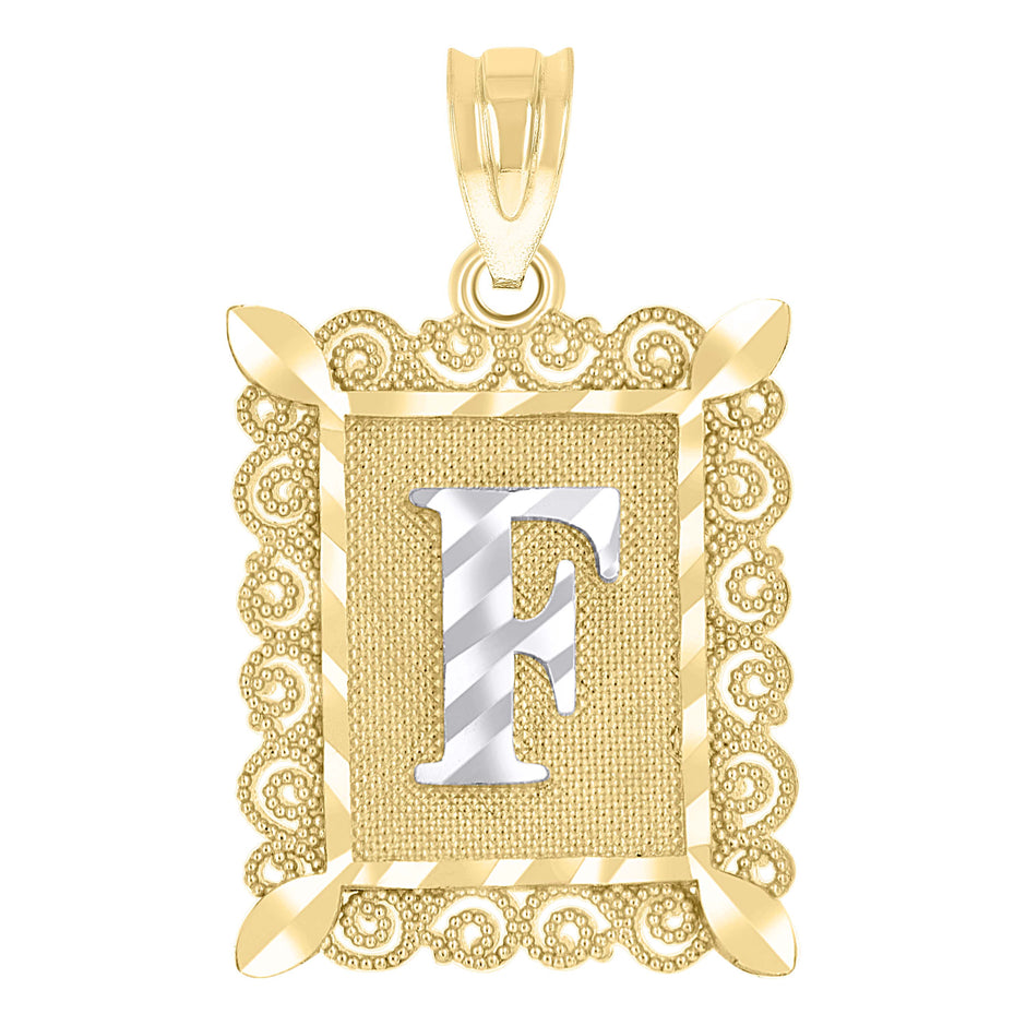 10kt Two-Tone Gold Unisex Diamond-Cut Initial F Charm Pendant