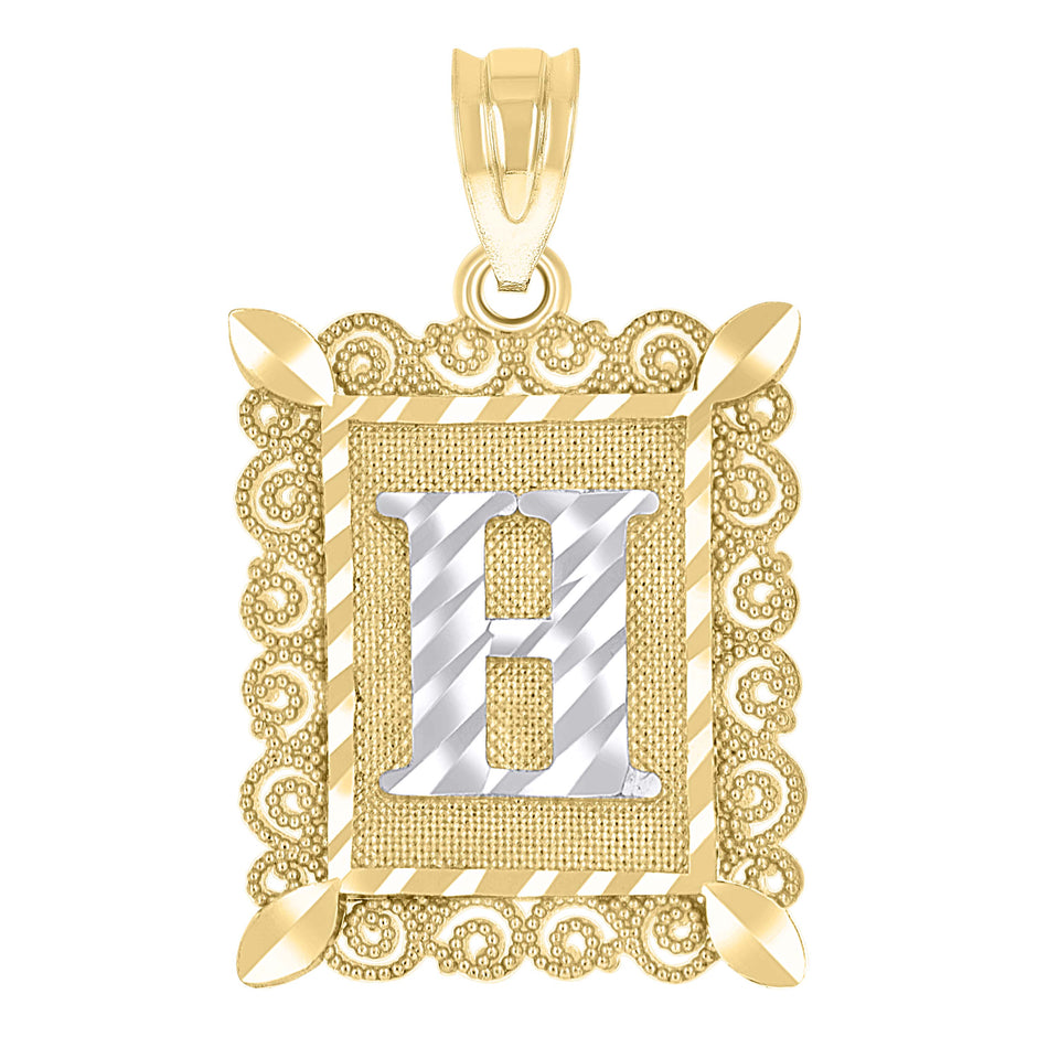 10kt Two-Tone Gold Unisex Diamond-Cut Initial H Charm Pendant