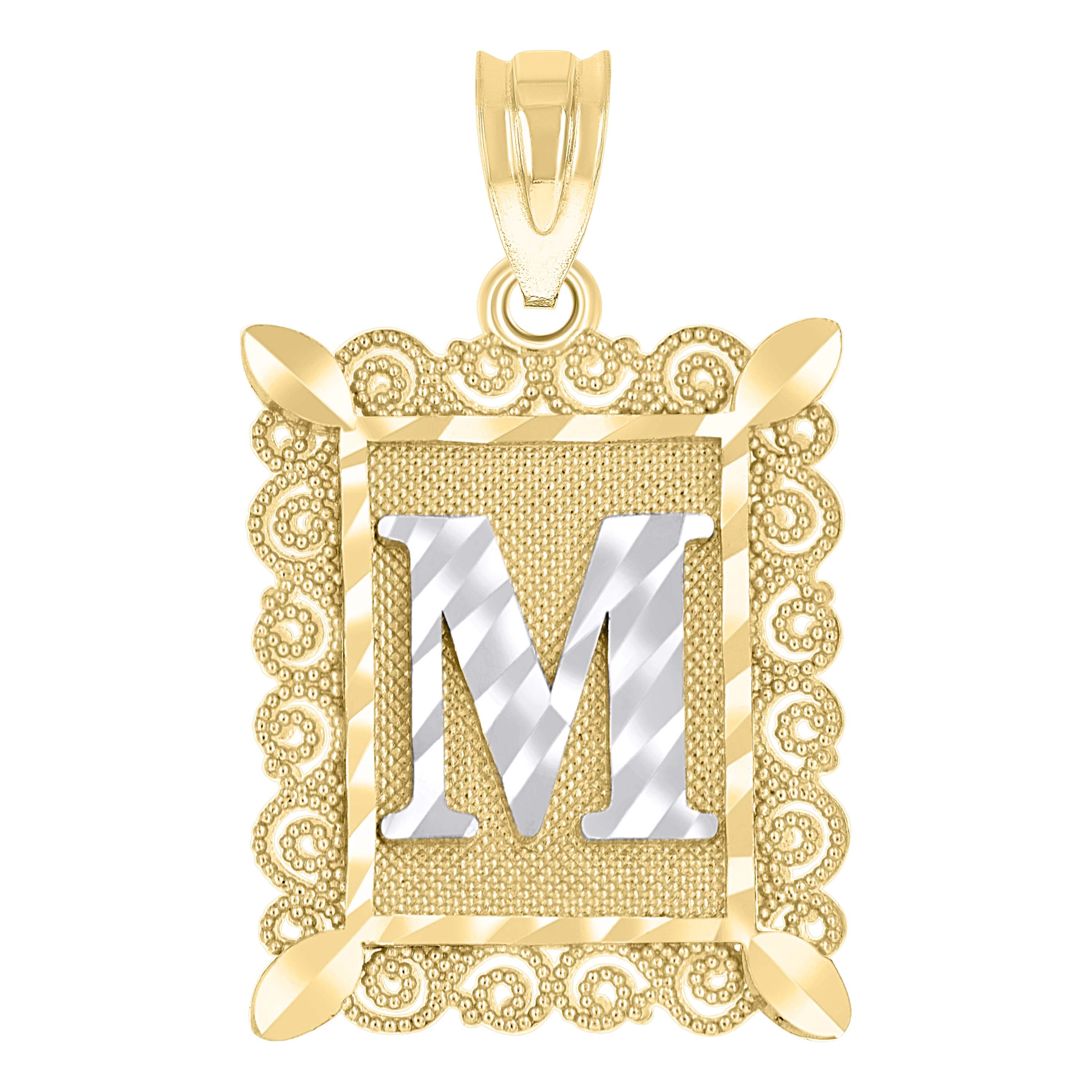 10kt Two-Tone Gold Unisex Diamond-Cut Initial M Charm Pendant