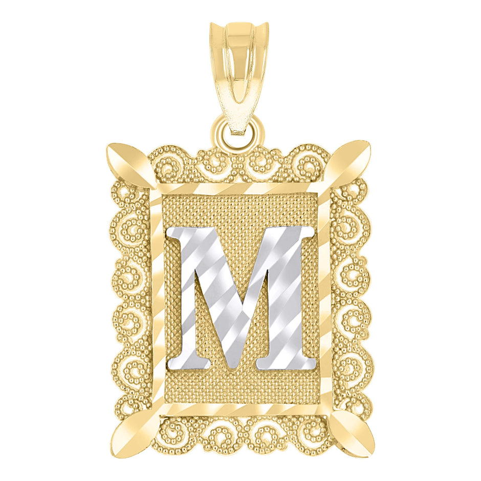 10kt Two-Tone Gold Unisex Diamond-Cut Initial M Charm Pendant