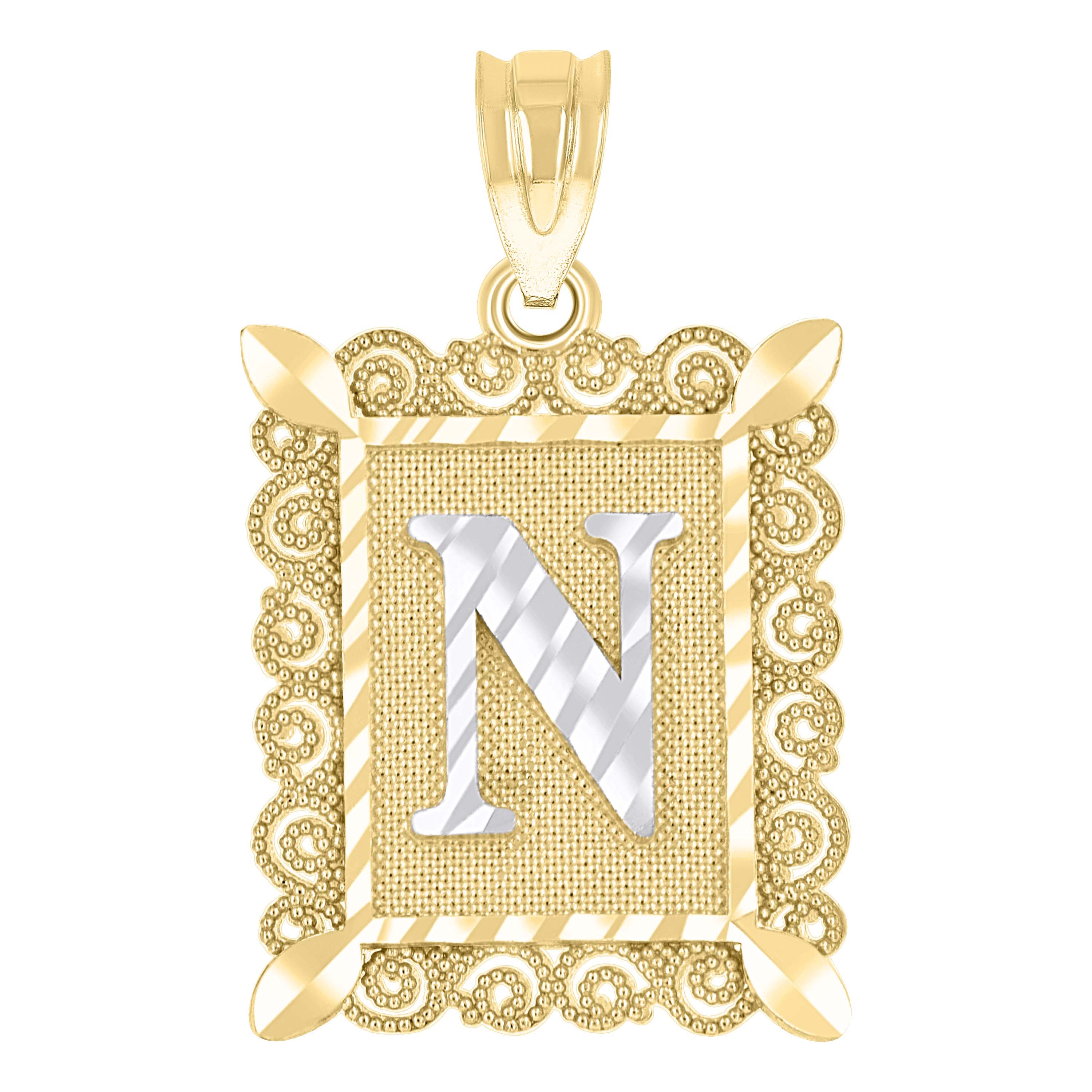 10kt Two-Tone Gold Unisex Diamond-Cut Initial N Charm Pendant