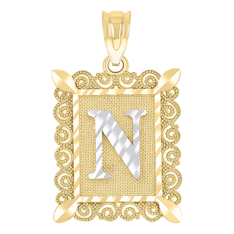 10kt Two-Tone Gold Unisex Diamond-Cut Initial N Charm Pendant
