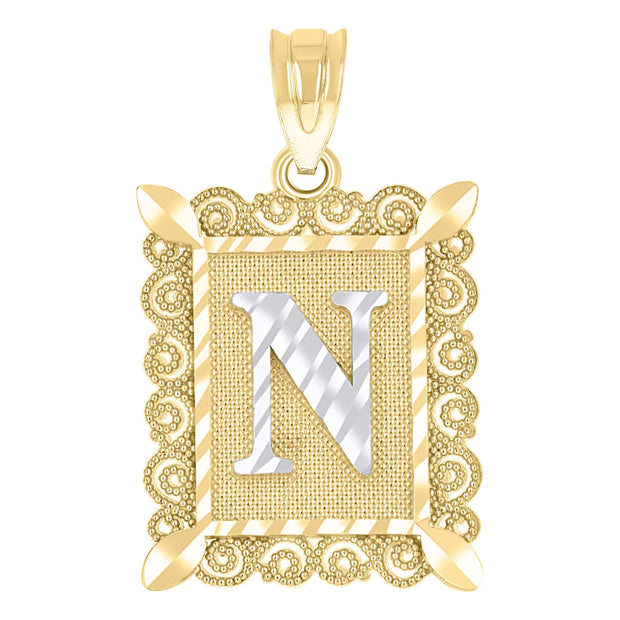 10kt Two-Tone Gold Unisex Diamond-Cut Initial N Charm Pendant