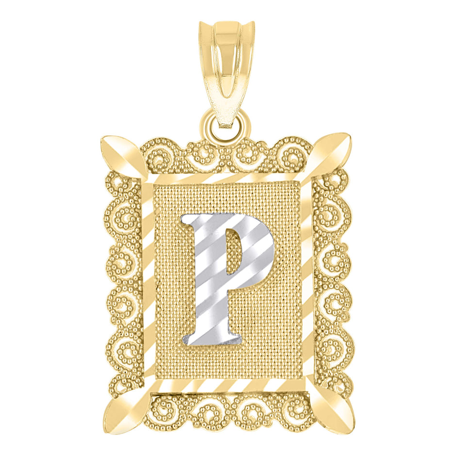 10kt Two-Tone Gold Unisex Diamond-Cut Initial P Charm Pendant