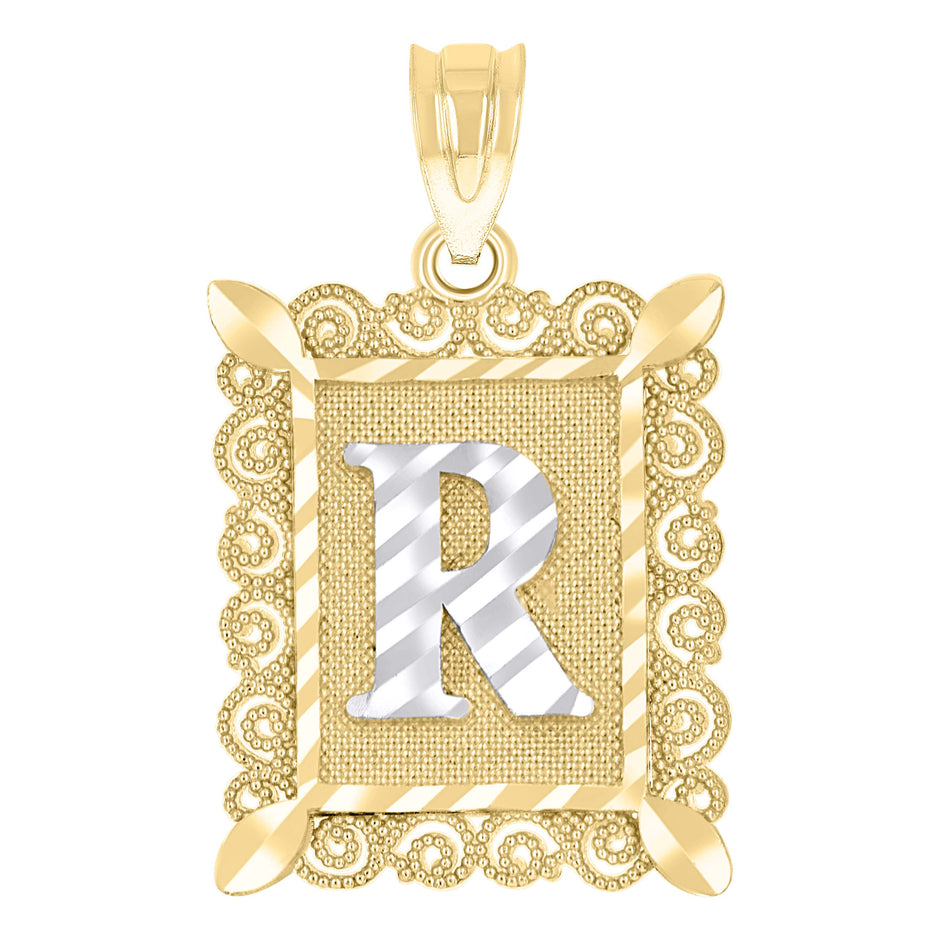 10kt Two-Tone Gold Unisex Diamond-Cut Initial R Charm Pendant