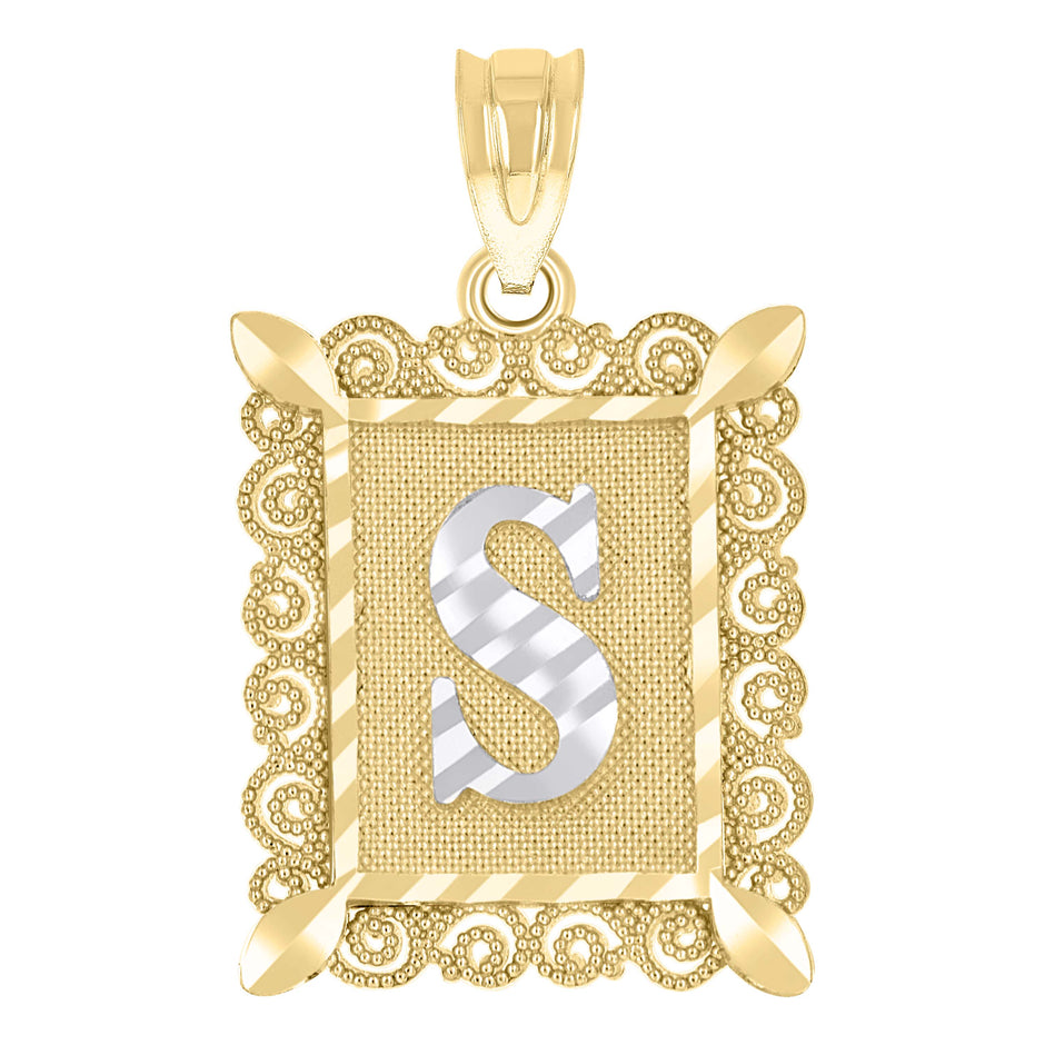 10kt Two-Tone Gold Unisex Diamond-Cut Initial S Charm Pendant