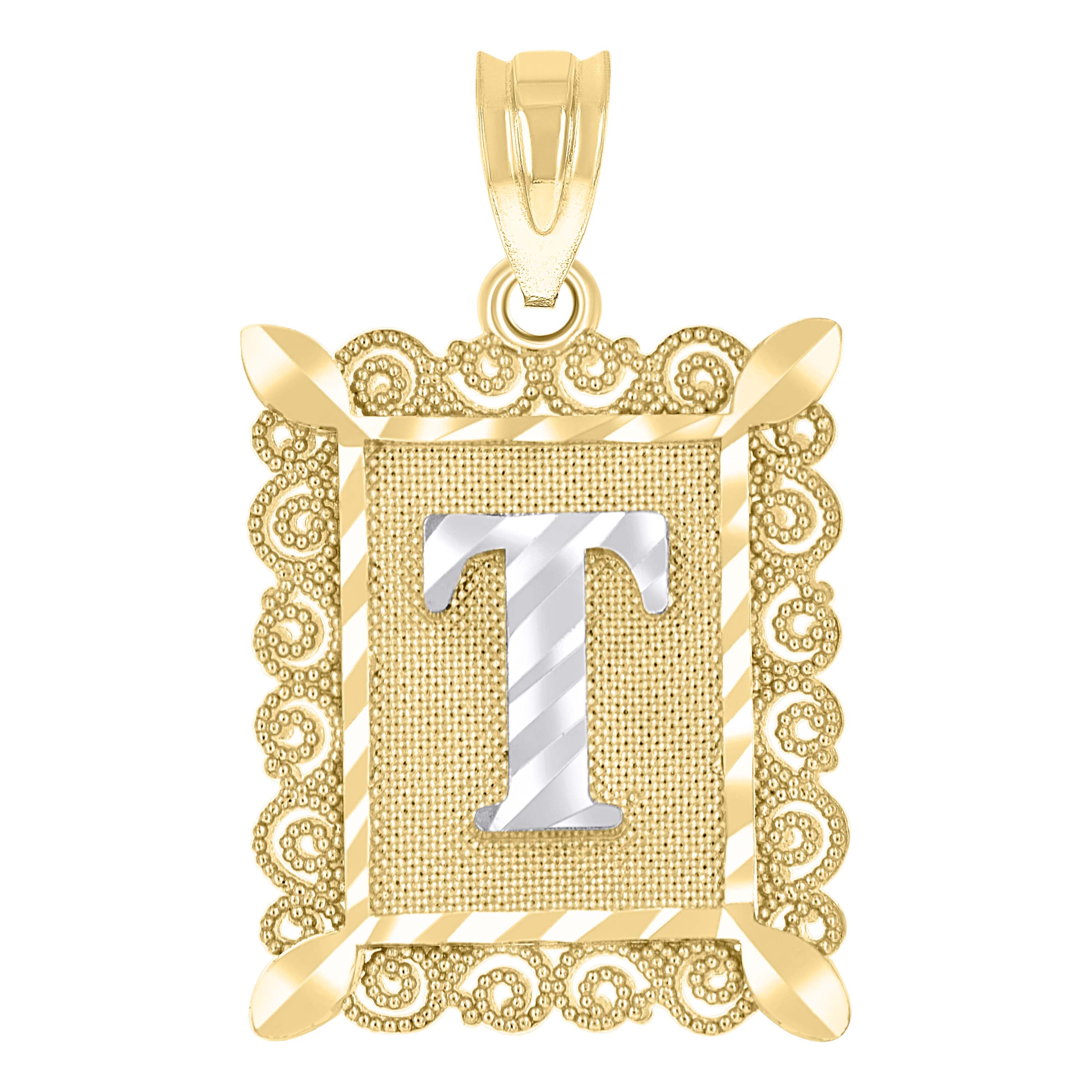 10kt Two-Tone Gold Unisex Diamond-Cut Initial T Charm Pendant