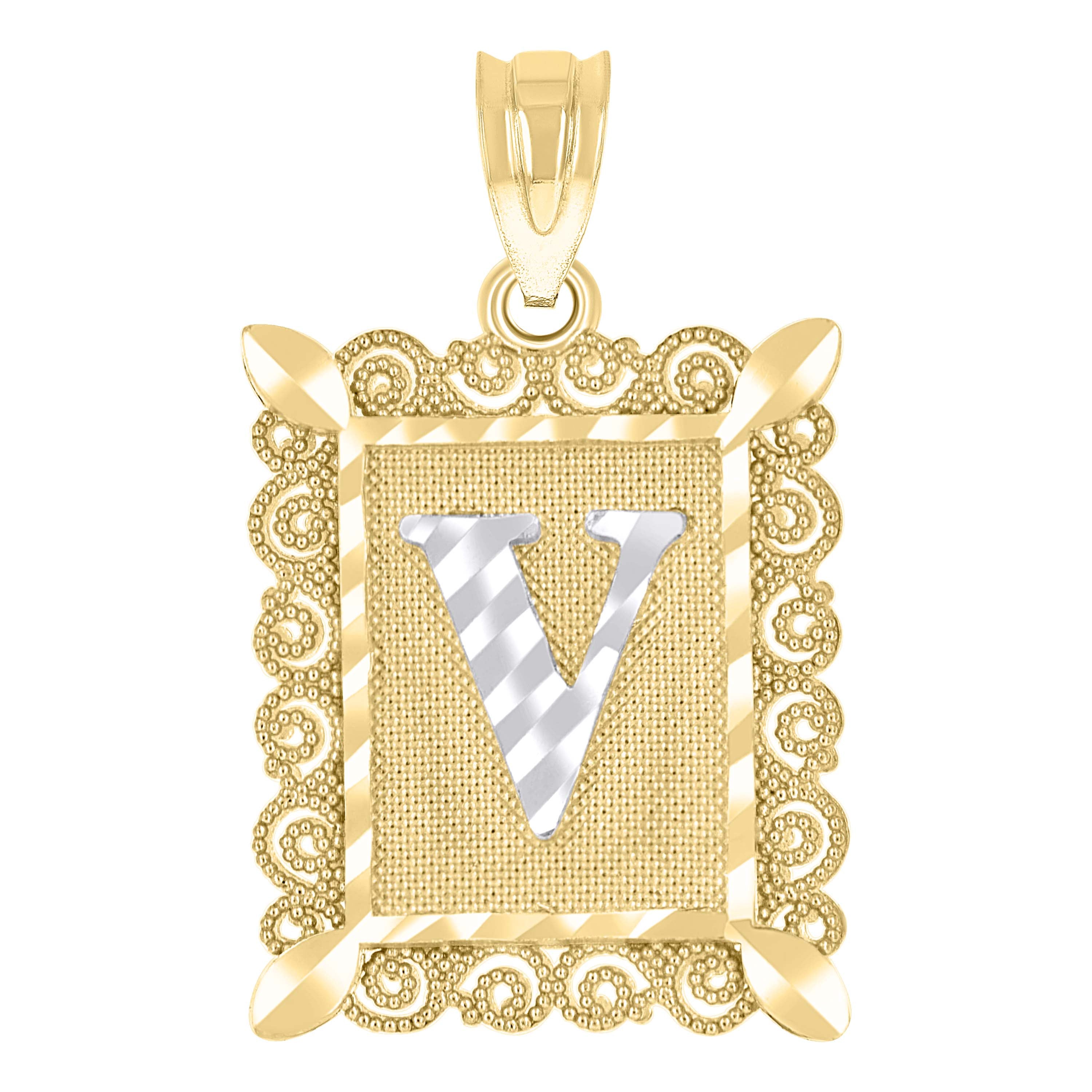 10kt Two-Tone Gold Unisex Diamond-Cut Initial V Charm Pendant