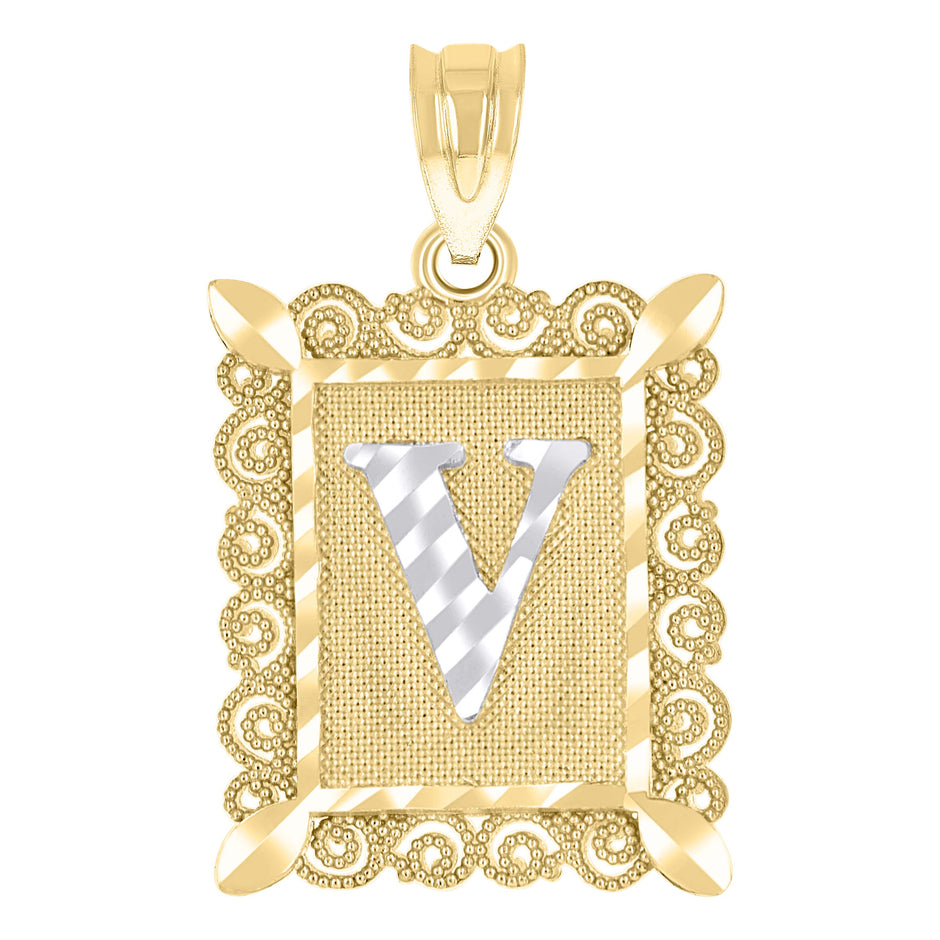 10kt Two-Tone Gold Unisex Diamond-Cut Initial V Charm Pendant