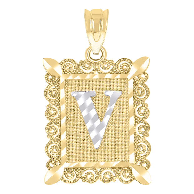 10kt Two-Tone Gold Unisex Diamond-Cut Initial V Charm Pendant