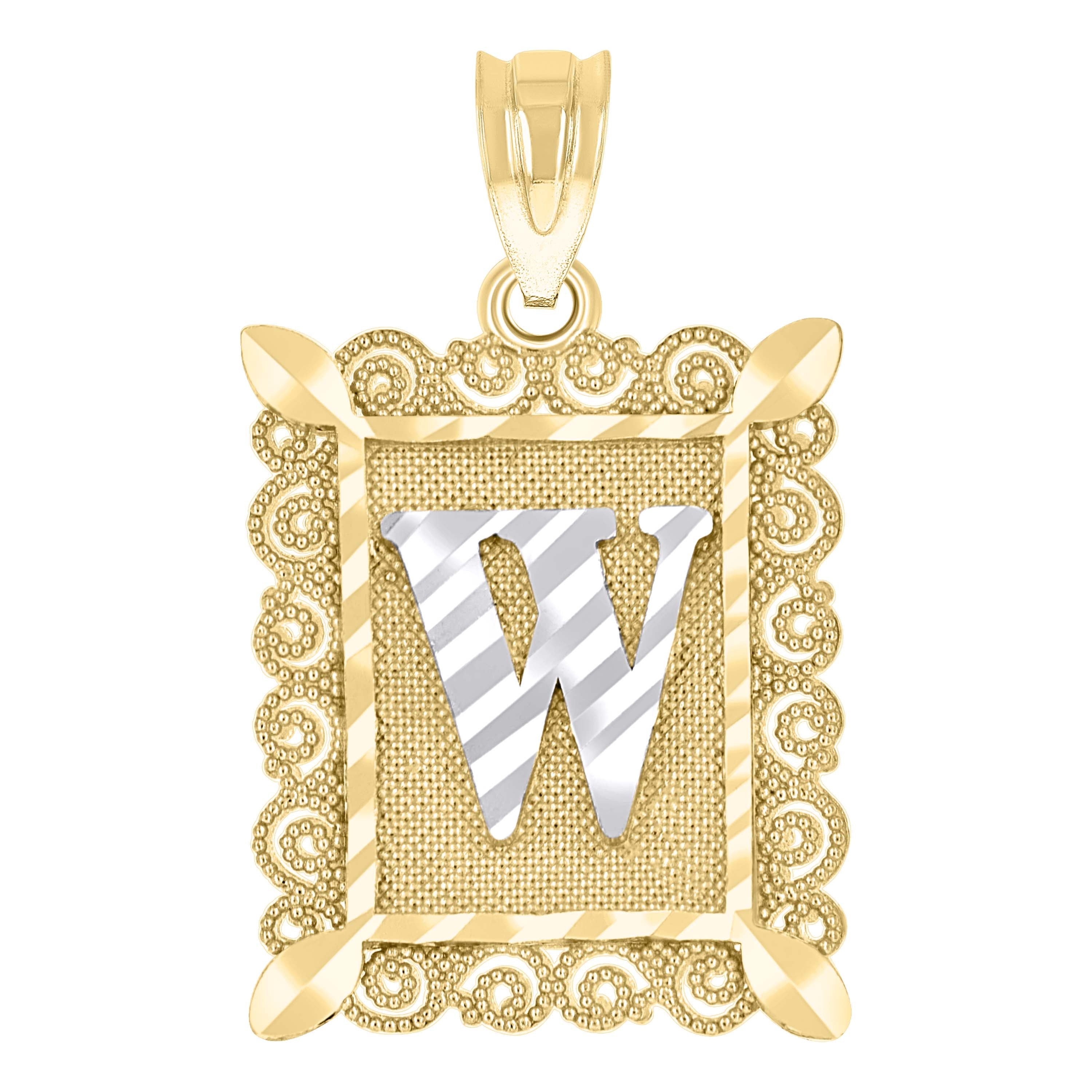 10kt Two-Tone Gold Unisex Diamond-Cut Initial W Charm Pendant