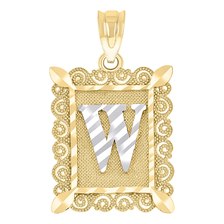 10kt Two-Tone Gold Unisex Diamond-Cut Initial W Charm Pendant