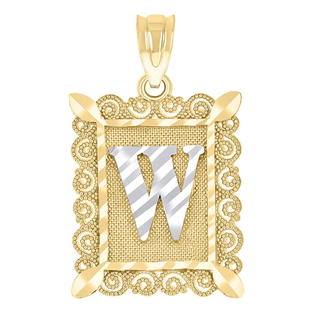 10kt Two-Tone Gold Unisex Diamond-Cut Initial W Charm Pendant
