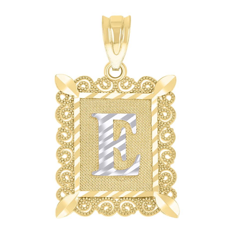 10kt Two-Tone Gold Unisex Diamond-Cut Initial E Charm Pendant