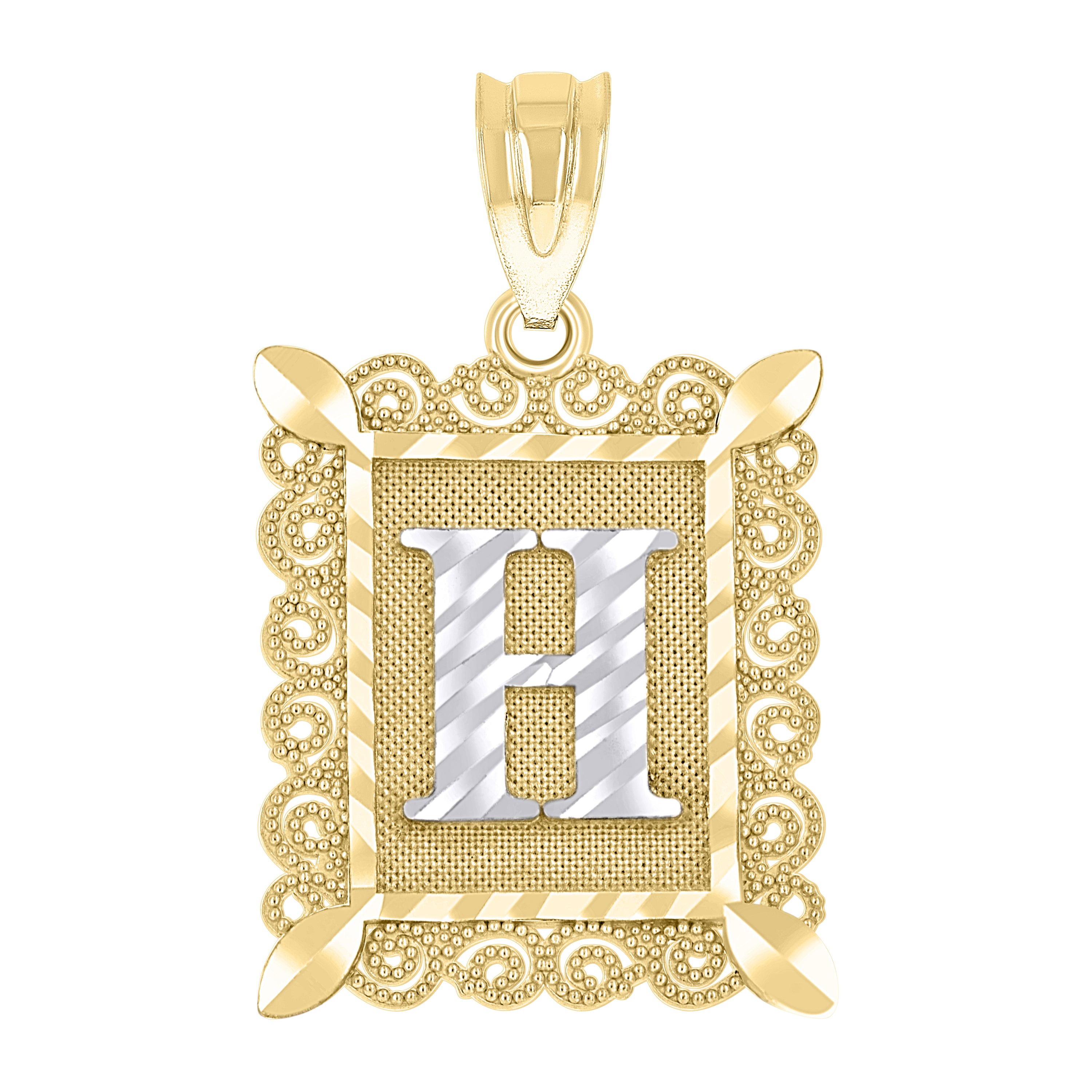 10kt Two-Tone Gold Unisex Diamond-Cut Initial H Charm Pendant