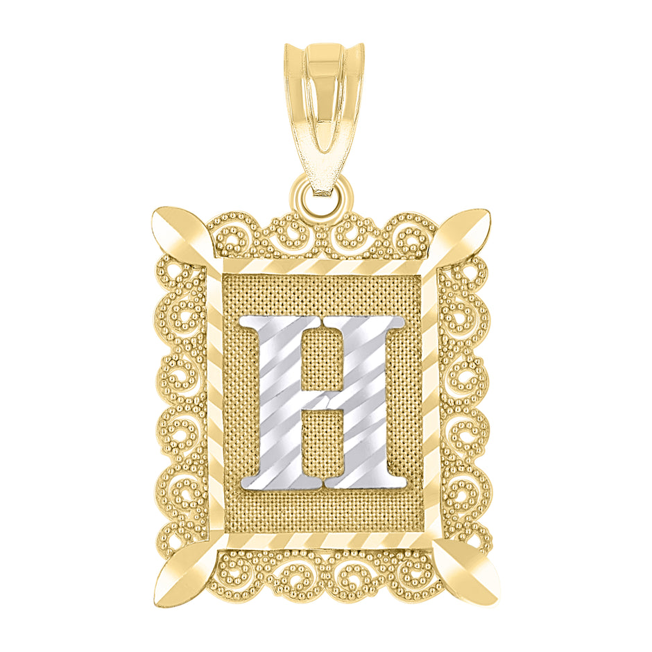 10kt Two-Tone Gold Unisex Diamond-Cut Initial H Charm Pendant