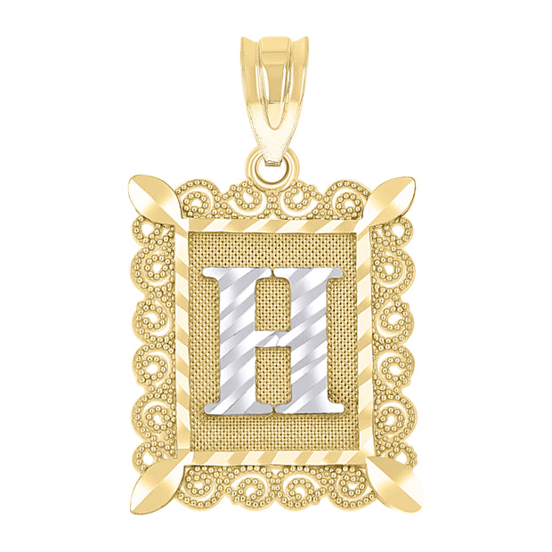 10kt Two-Tone Gold Unisex Diamond-Cut Initial H Charm Pendant