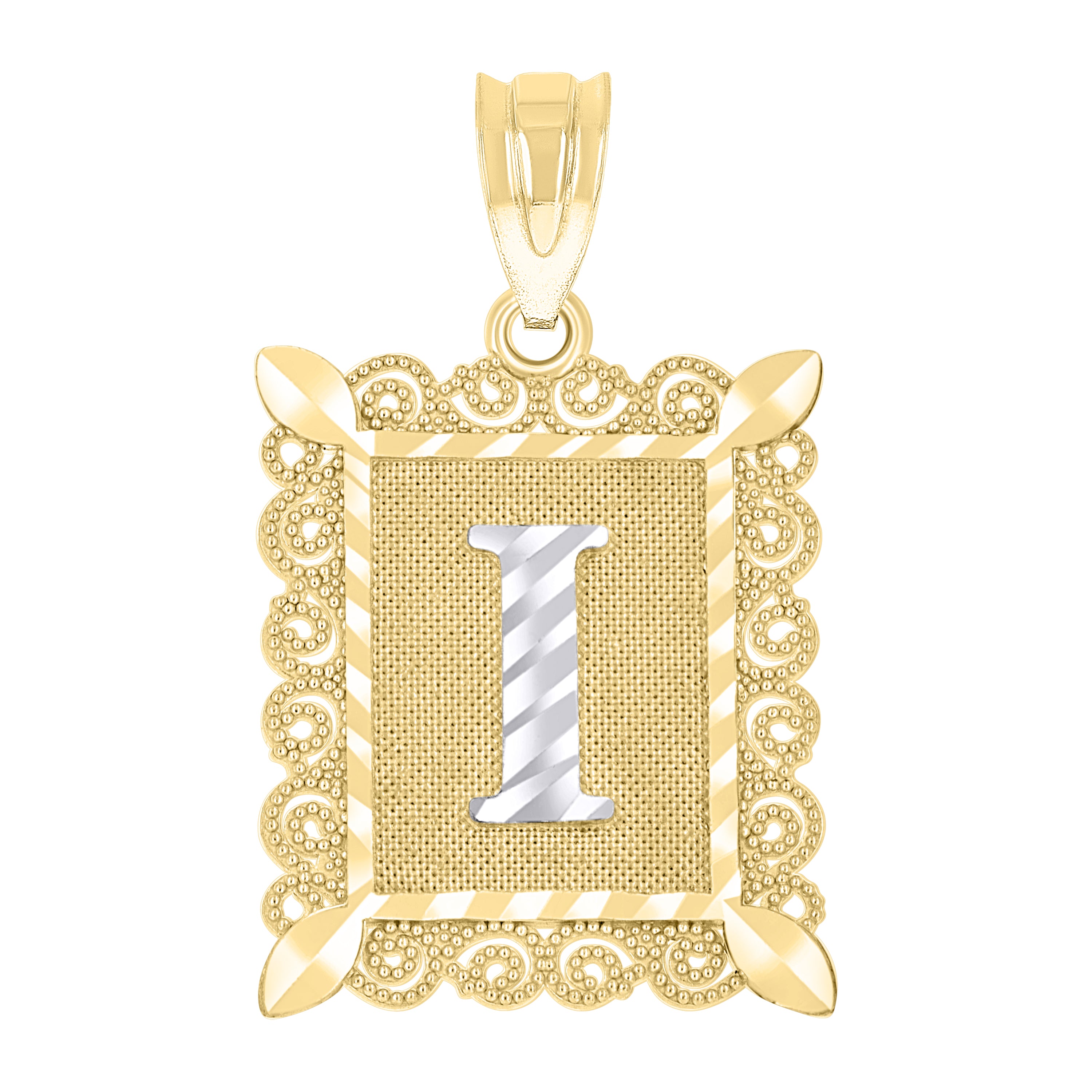 10kt Two-Tone Gold Unisex Diamond-Cut Initial I Charm Pendant