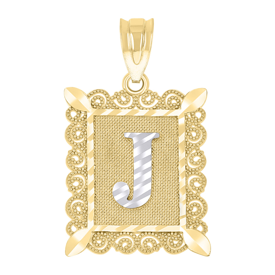 10kt Gold Two-Tone Diamond-Cut Unisex Letter J Initial Charm Pendant