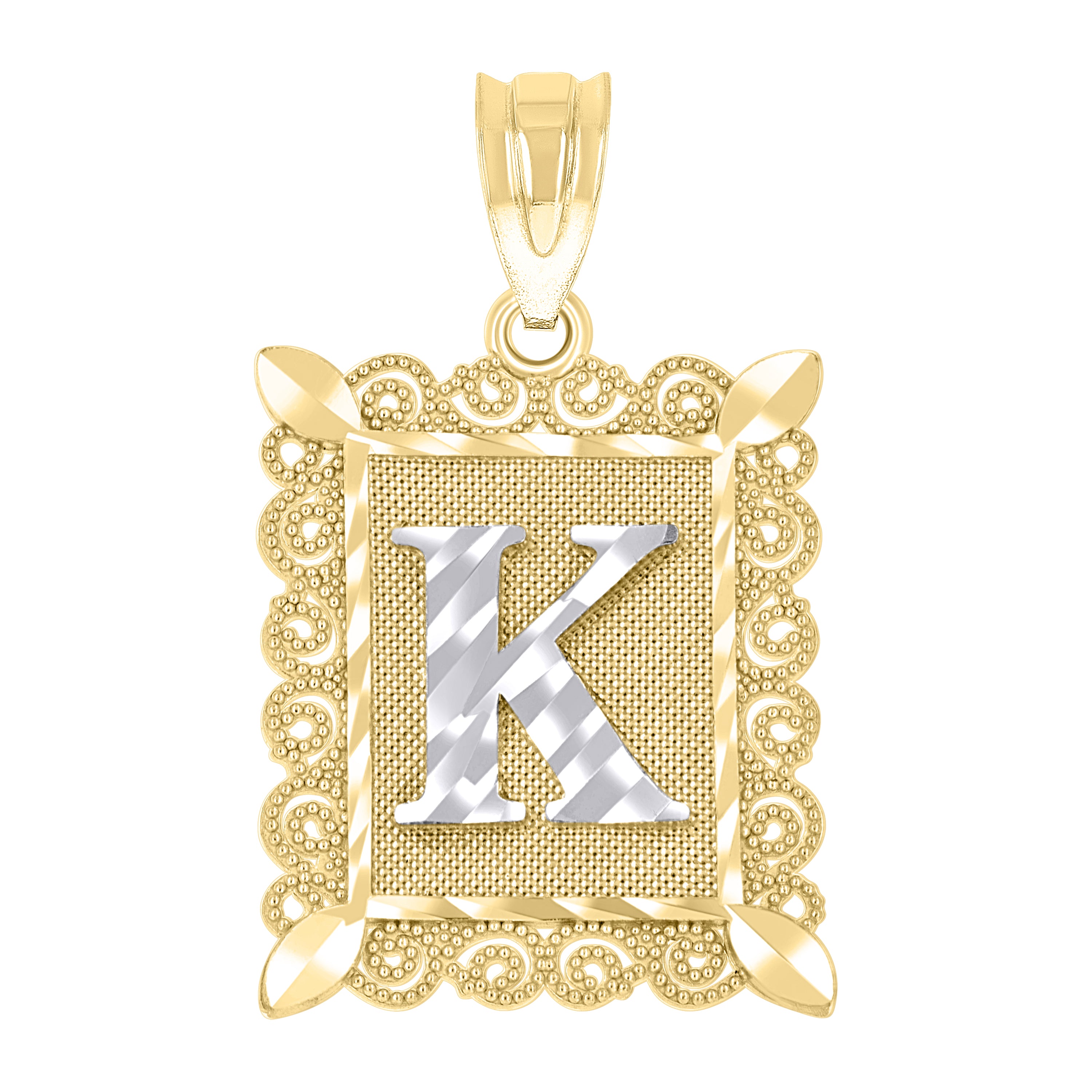 10kt Two-Tone Gold Unisex Diamond-Cut Initial K Charm Pendant