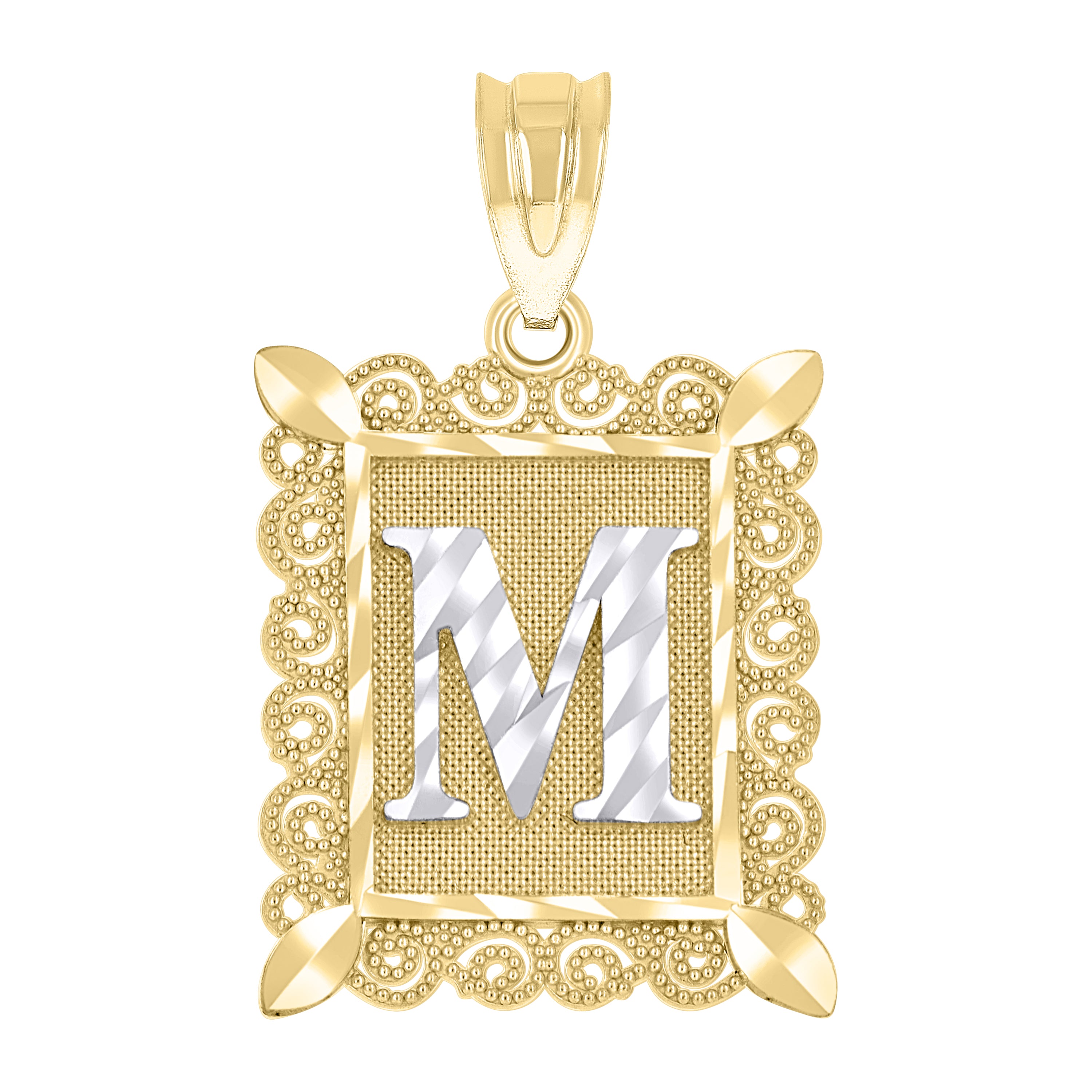 10kt Two-Tone Gold Unisex Diamond-Cut Initial M Charm Pendant