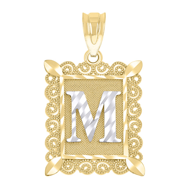 10kt Two-Tone Gold Unisex Diamond-Cut Initial M Charm Pendant