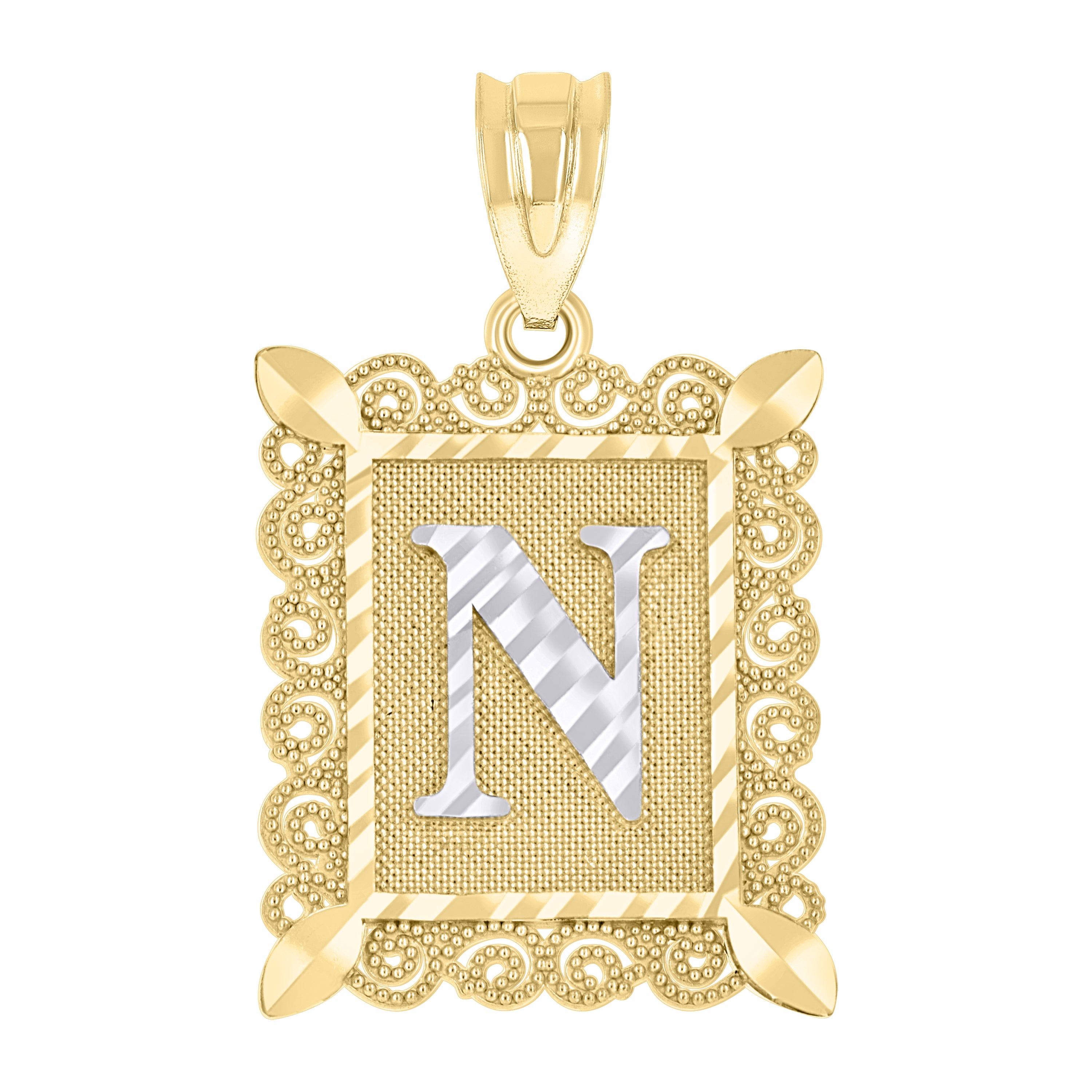 10kt Two-Tone Gold Unisex Diamond-Cut Initial N Charm Pendant