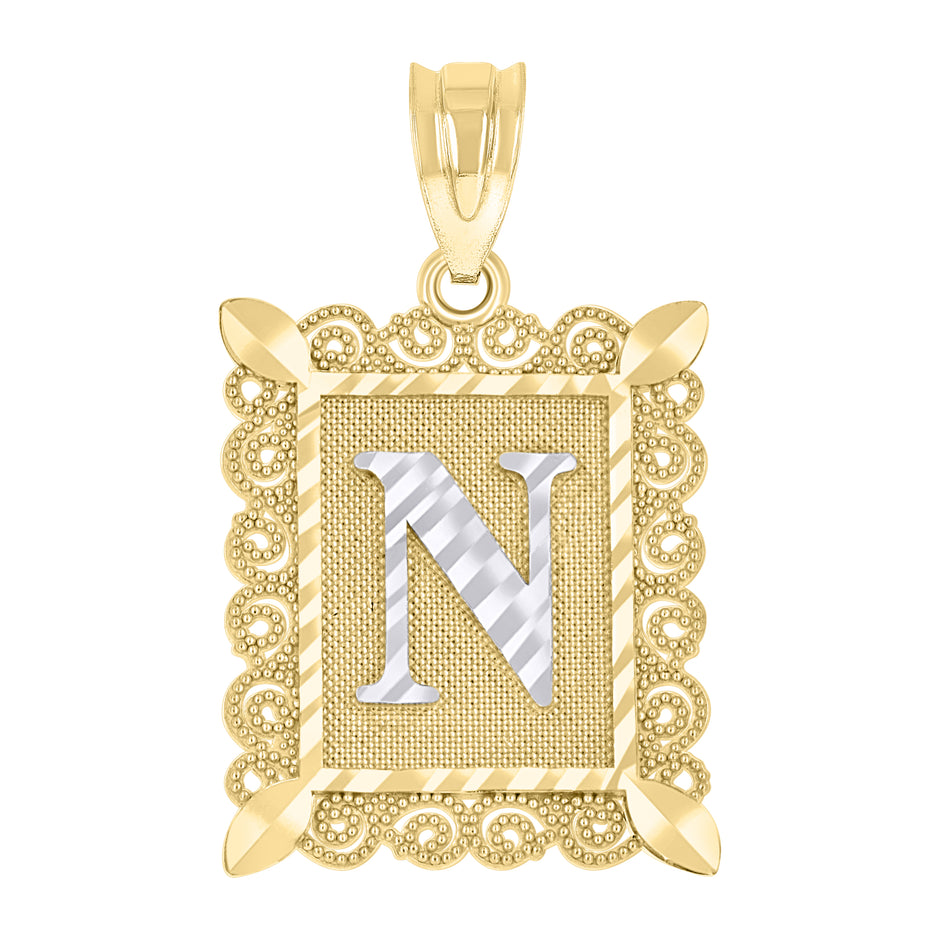 10kt Two-Tone Gold Unisex Diamond-Cut Initial N Charm Pendant