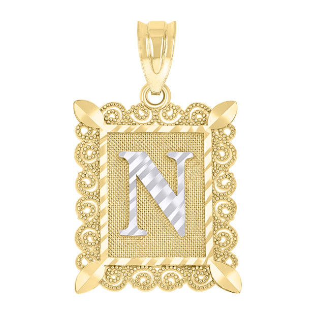 10kt Two-Tone Gold Unisex Diamond-Cut Initial N Charm Pendant