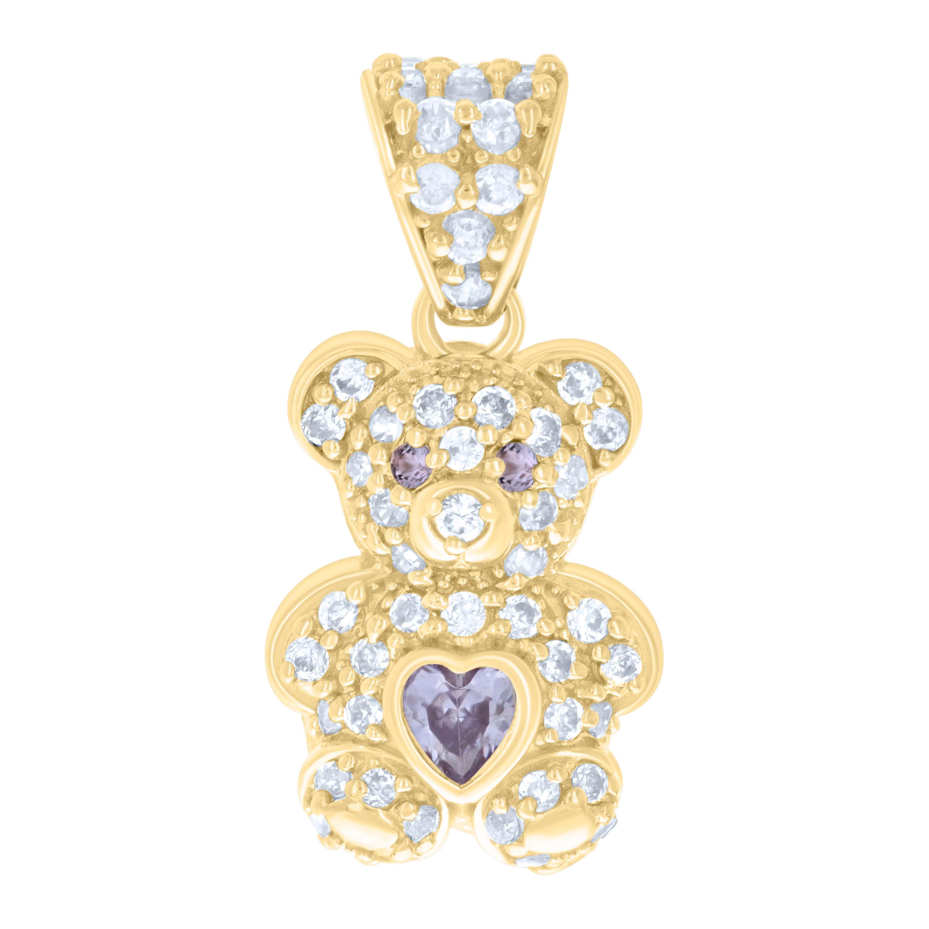 10kt Yellow Gold Womens Purple White Heart Round Cubic-Zirconia March Birthstone Teddy Bear Charm Pendant