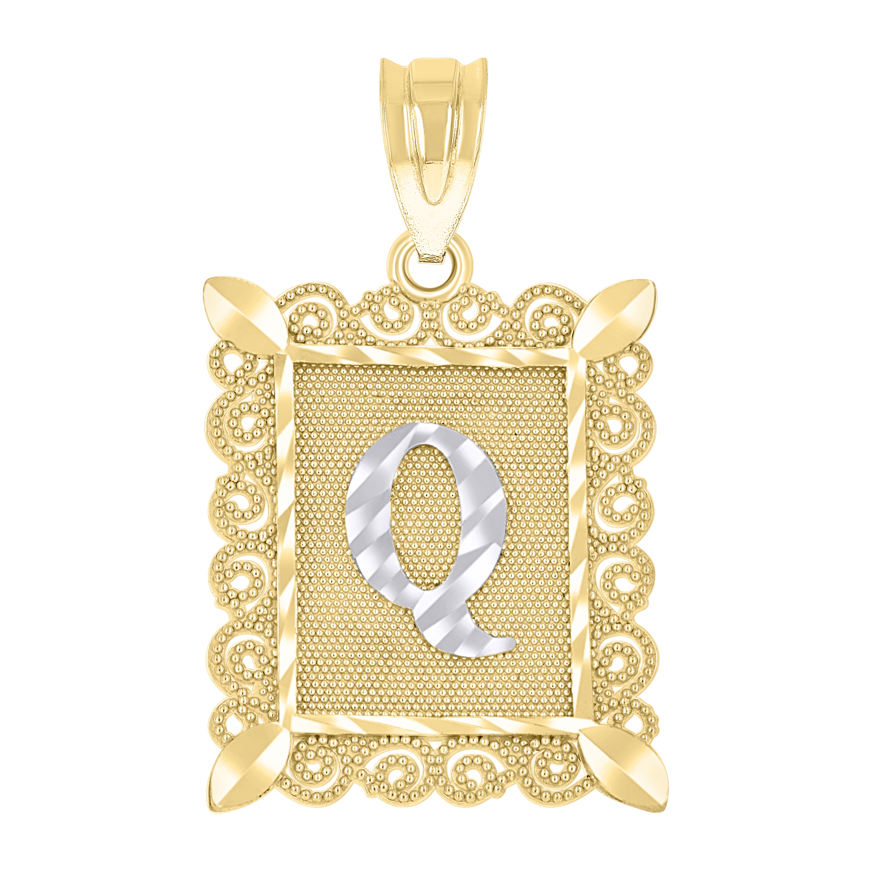 10kt Two-Tone Gold Unisex Diamond-Cut Initial Q Charm Pendant