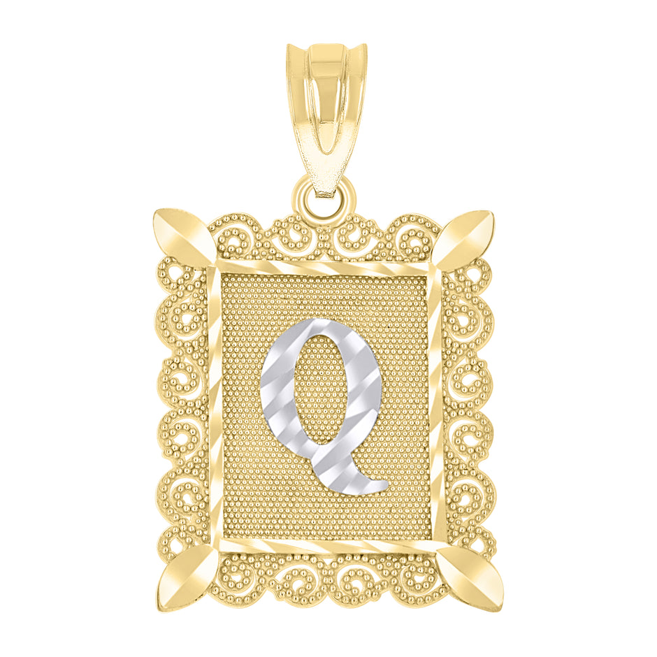 10kt Two-Tone Gold Unisex Diamond-Cut Initial Q Charm Pendant