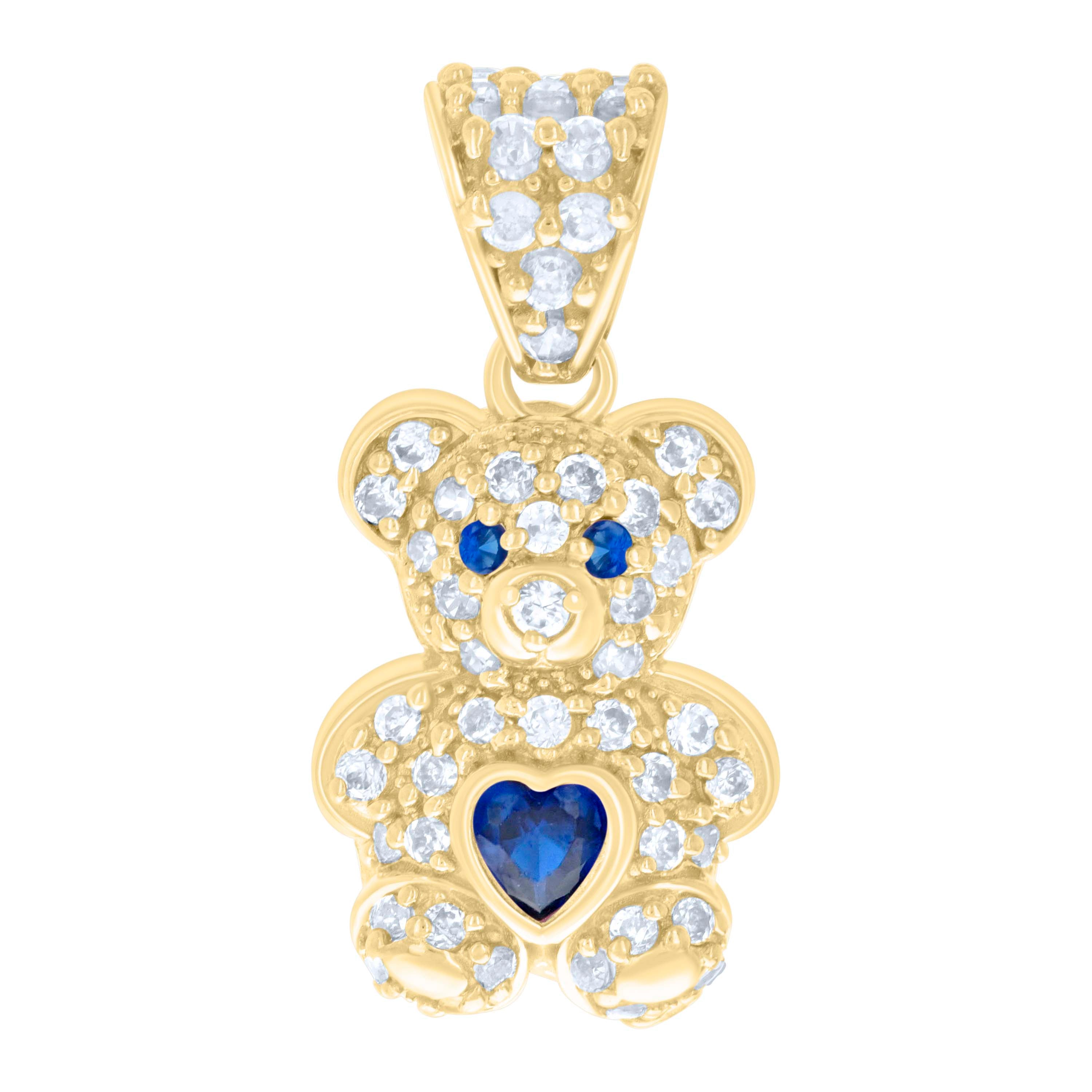 10kt Yellow Gold Womens Blue White Heart Round Cubic-Zirconia September Birthstone Teddy Bear Charm Pendant