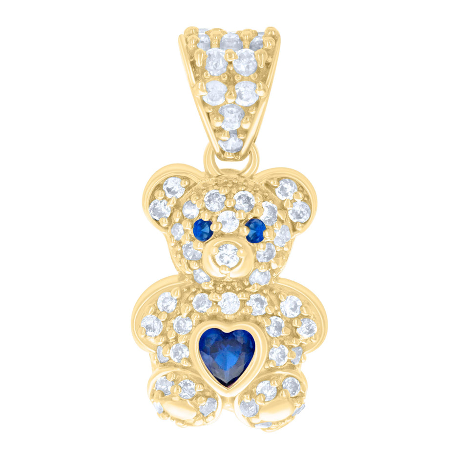 10kt Yellow Gold Womens Blue White Heart Round Cubic-Zirconia September Birthstone Teddy Bear Charm Pendant