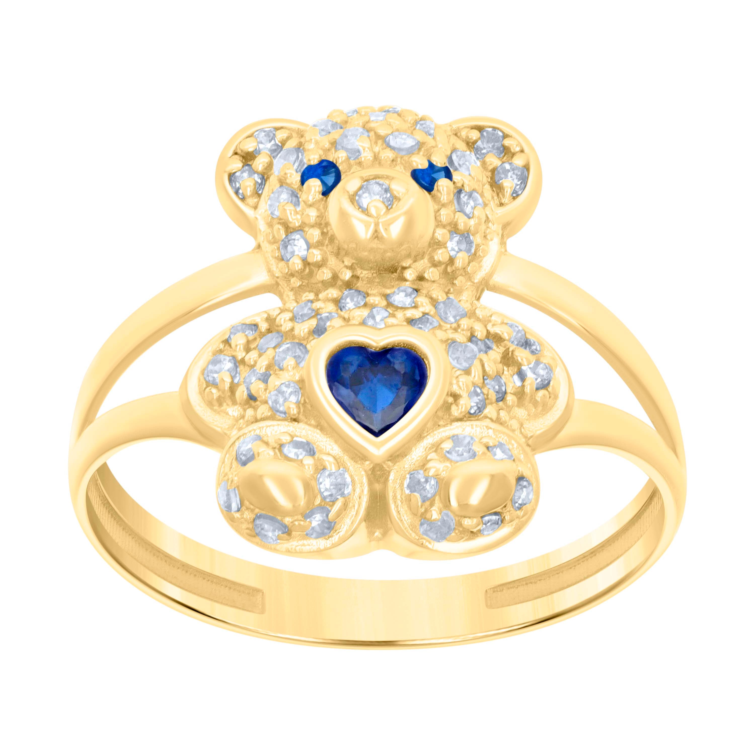 10kt Yellow Gold Womens Blue White Heart Round Cubic-Zirconia September Birthstone Teddy Bear Ring