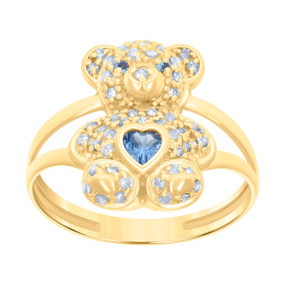 10kt Yellow Gold Womens Blue White Heart Round Cubic-Zirconia December Birthstone Teddy Bear Ring