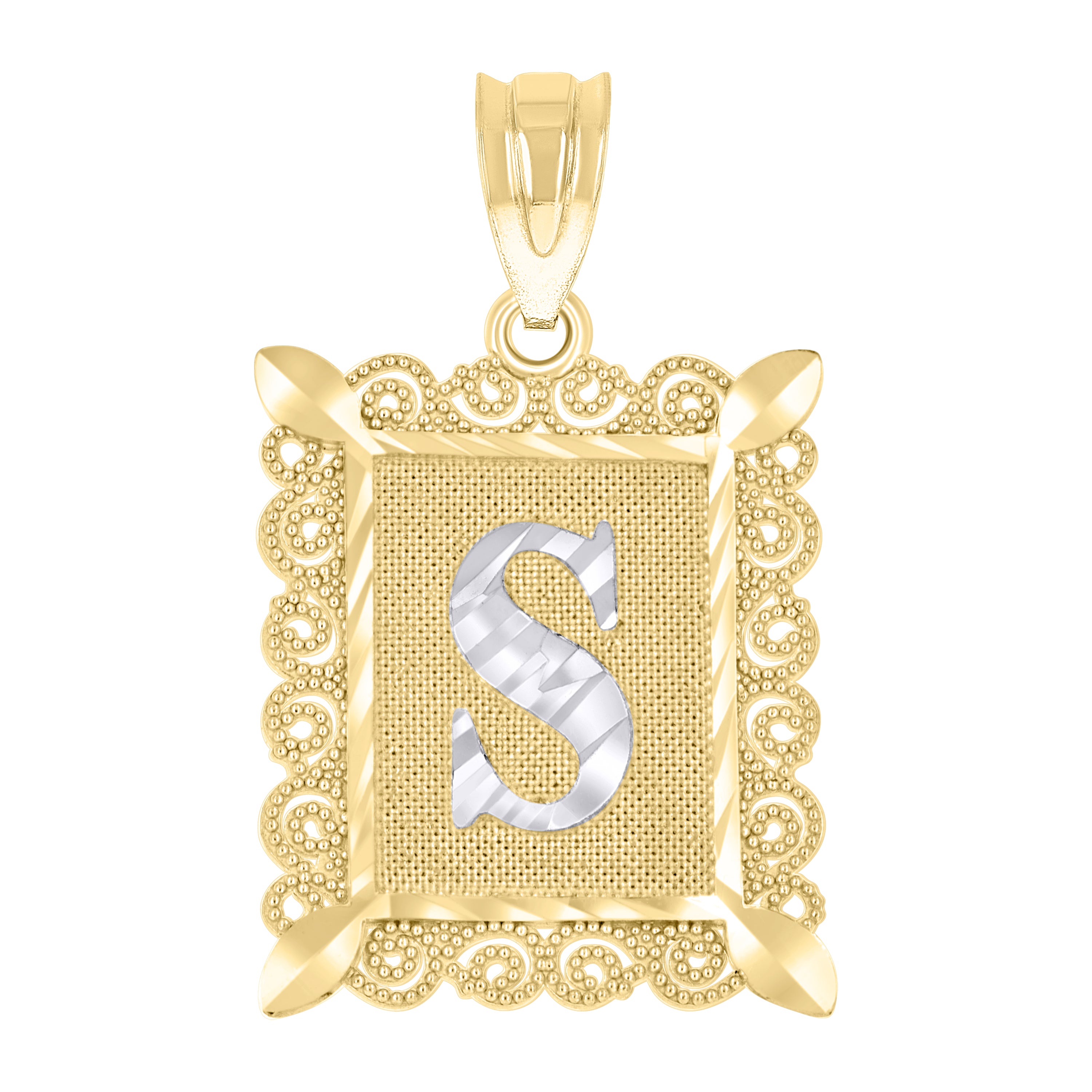10kt Gold Two-Tone Diamond-Cut Unisex Letter S Initial Charm Pendant