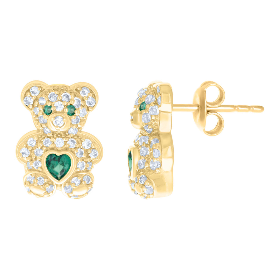 10kt Yellow Gold Womens Green White Heart Round Cubic-Zirconia May Birthstone Teddy Bear Stud Earrings