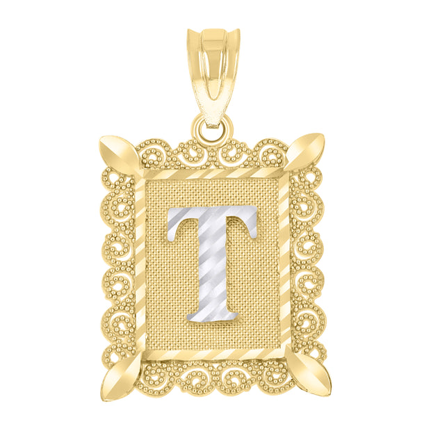 10kt Gold Two-Tone Diamond-Cut Unisex Letter T Initial Charm Pendant