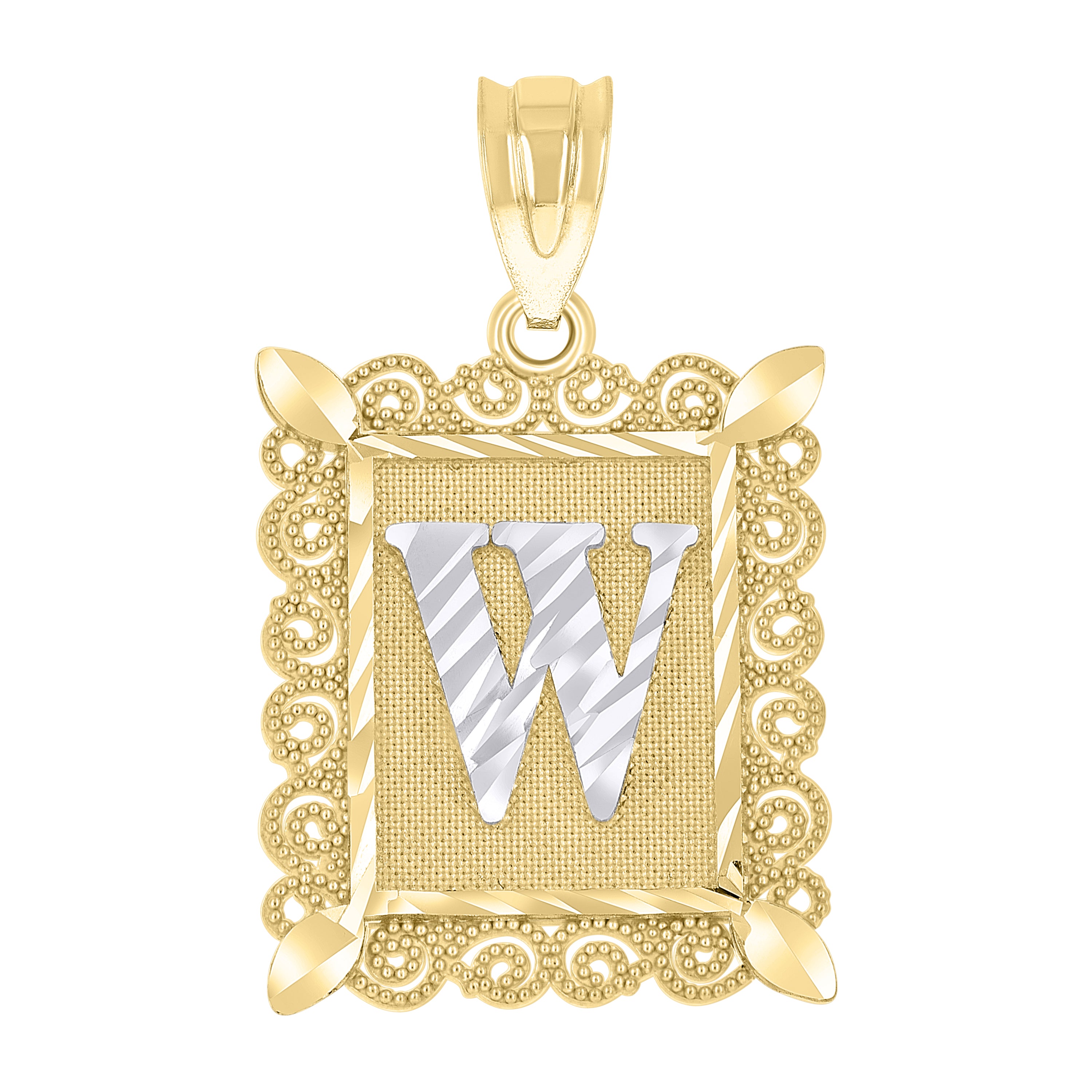 10kt Two-Tone Gold Unisex Diamond-Cut Initial W Charm Pendant