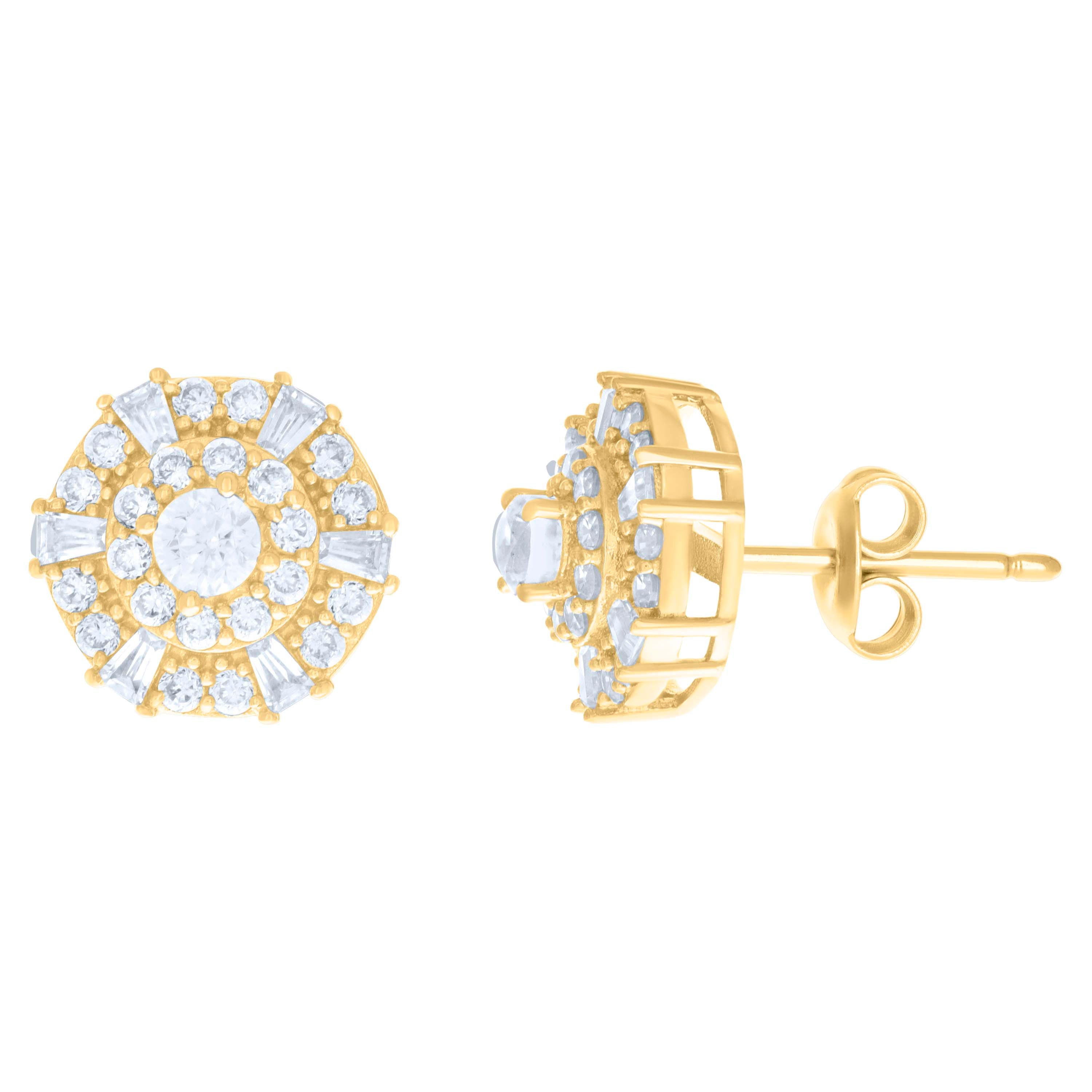 10kt Yellow Gold Womens Baguette Round Cubic-Zirconia Fashion Stud Earrings