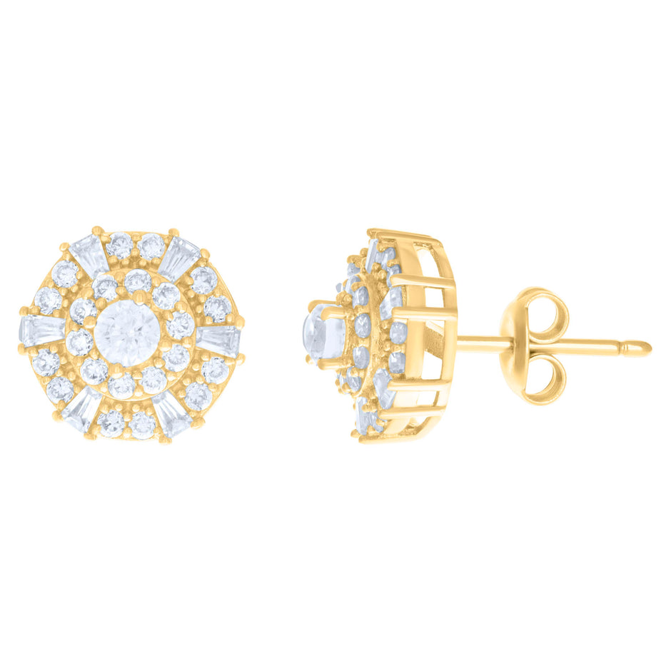 10kt Yellow Gold Womens Baguette Round Cubic-Zirconia Fashion Stud Earrings