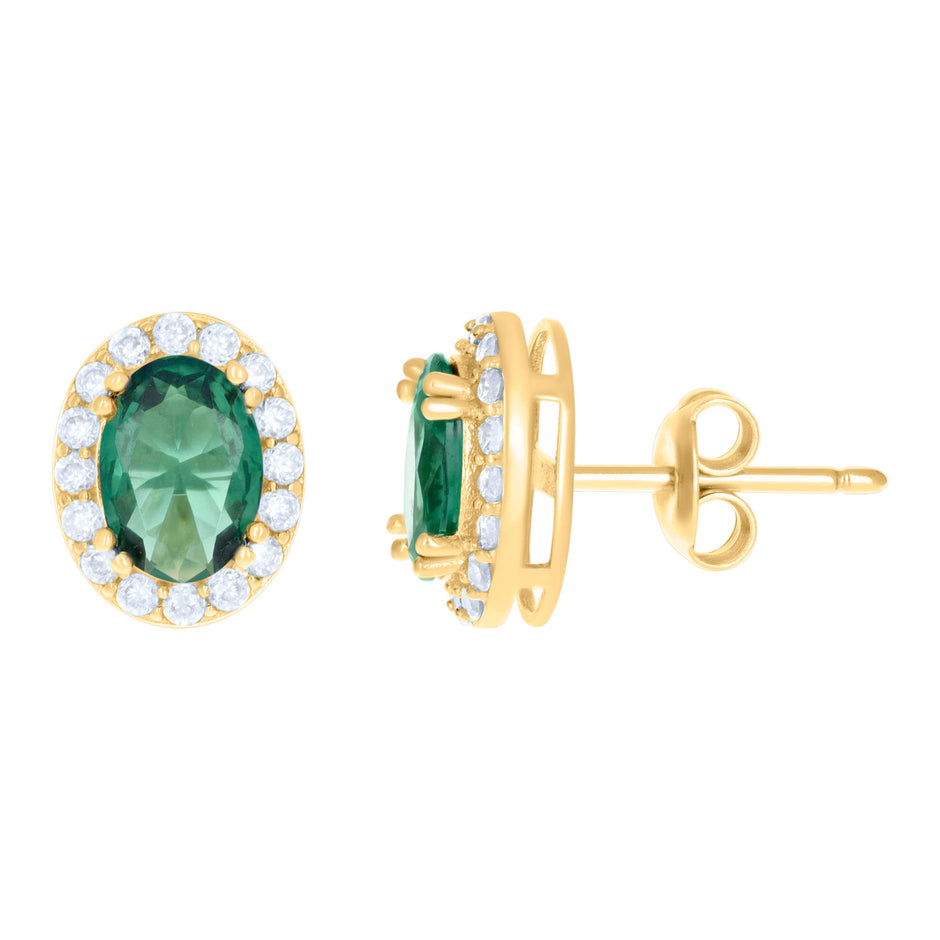 10kt Yellow Gold Womens Green White Oval Round Cubic-Zirconia Oval Fashion Stud Earrings