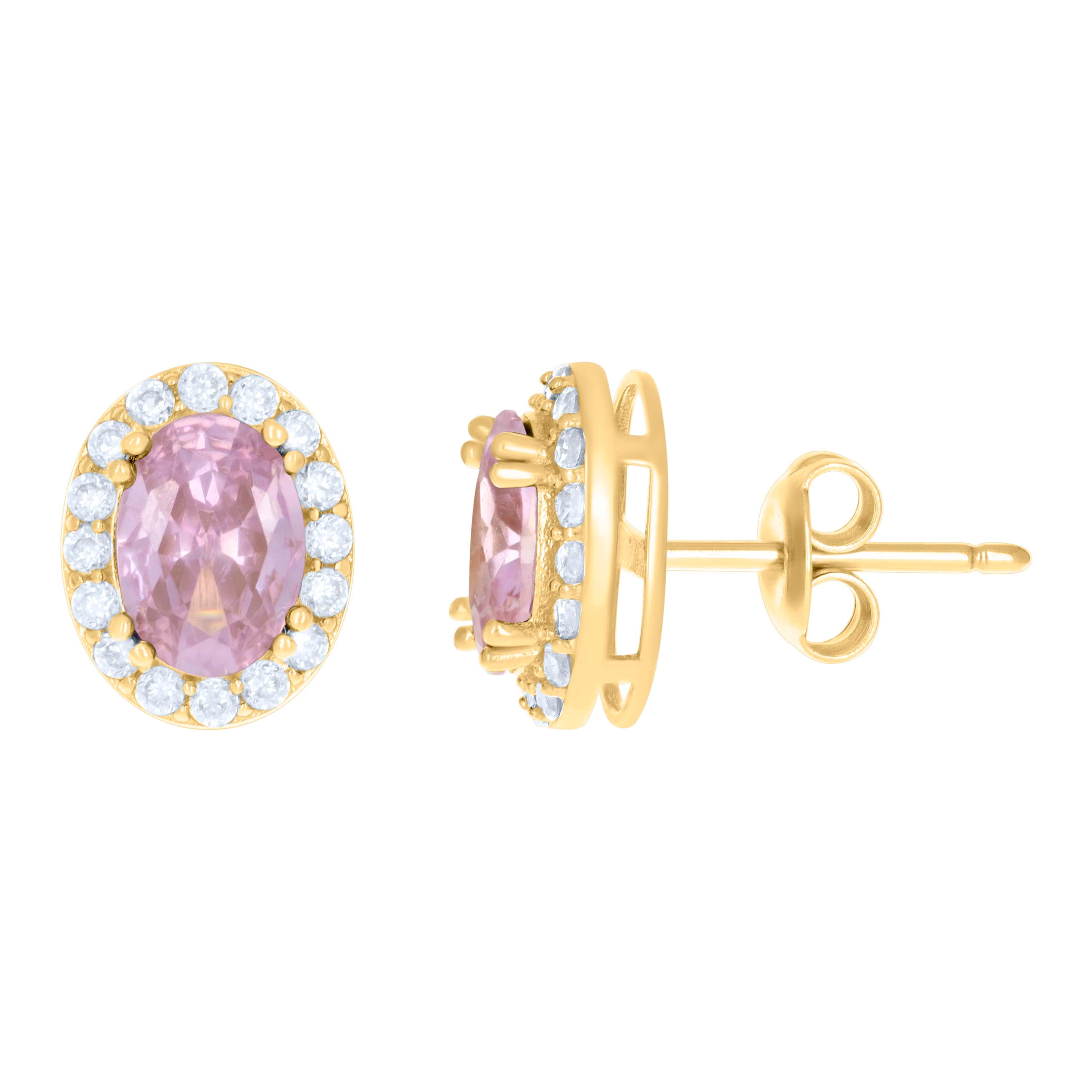 10kt Yellow Gold Womens Pink White Oval Round Cubic-Zirconia Oval Fashion Stud Earrings