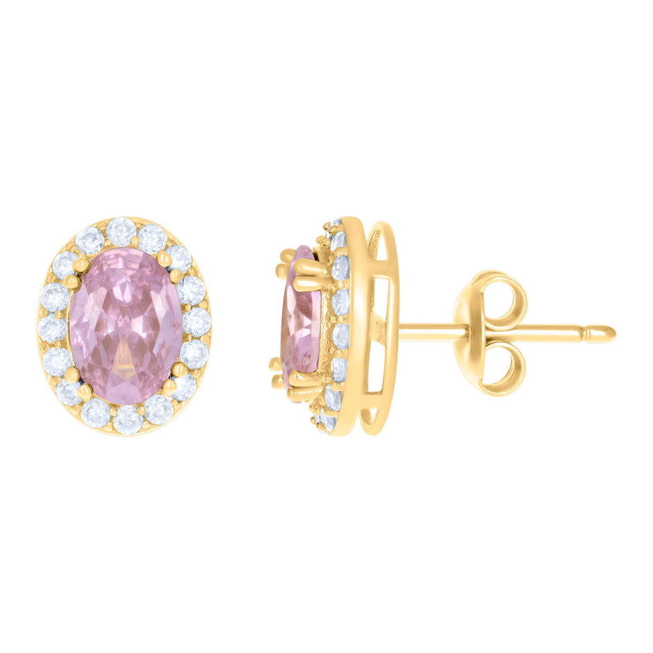 10kt Yellow Gold Womens Pink White Oval Round Cubic-Zirconia Oval Fashion Stud Earrings